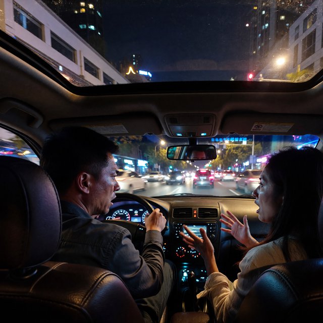 Frontal cinematic shot through the windshield of a car driving at night. A 35-year-old Chinese man is in the driver’s seat, gripping the steering wheel and arguing back in visible frustration. Beside him, a 30-year-old Chinese woman in the front passenger seat is nagging him animatedly, gesturing as she speaks. Both are clearly engaged in a tense argument. Nighttime city lights and passing streetlights glow outside, with reflections across the windshield and realistic interior lighting. — ImagineArt 1.5 Pro