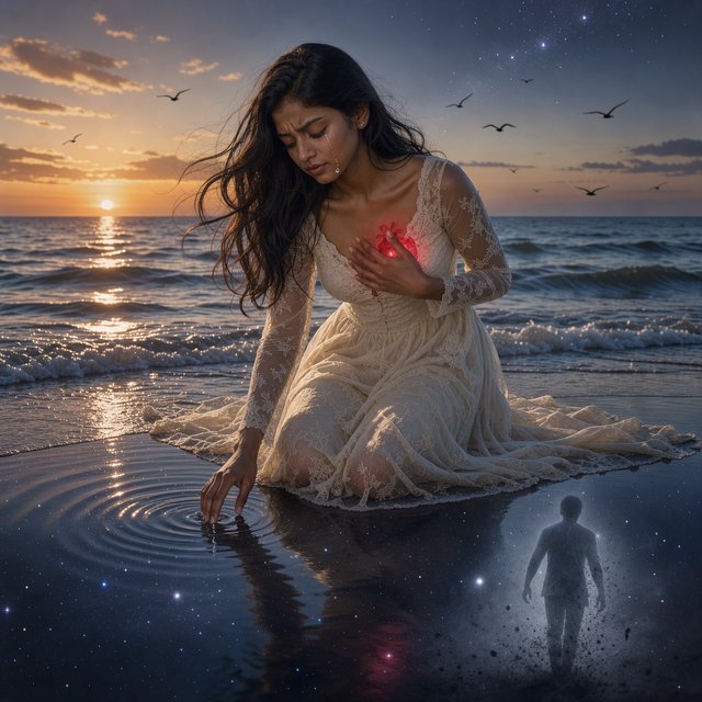 Cinematic, photorealistic artwork of a sorrowful young woman in a flowing ivory lace dress kneels in shallow surf at the waterline during sunset. Her long, windblown dark hair frames her downcast face; a tear flows down her cheek and into the water, one hand presses against her chest, glowing faintly crimson to suggest her still-beating heart, while her other fingertips touch the water. The world behind her remains beautiful: a golden sun shines over restless waves, seabirds cross the sky, and fiery peach clouds fade into star-filled indigo. In the wet sand, her reflection becomes a dark cosmic void. Stars ripple around a fading, ghostlike image of her partner deserting her and dissolving into darkness. The tear forms concentric ripples, disturbing an entire universe. Contrast warm golden life above with cool blue-black devastation below. Natural cinematic lighting, detailed water reflections, realistic anatomy, restrained grief. No text, borders, or collage. — FLUX 3 Image
