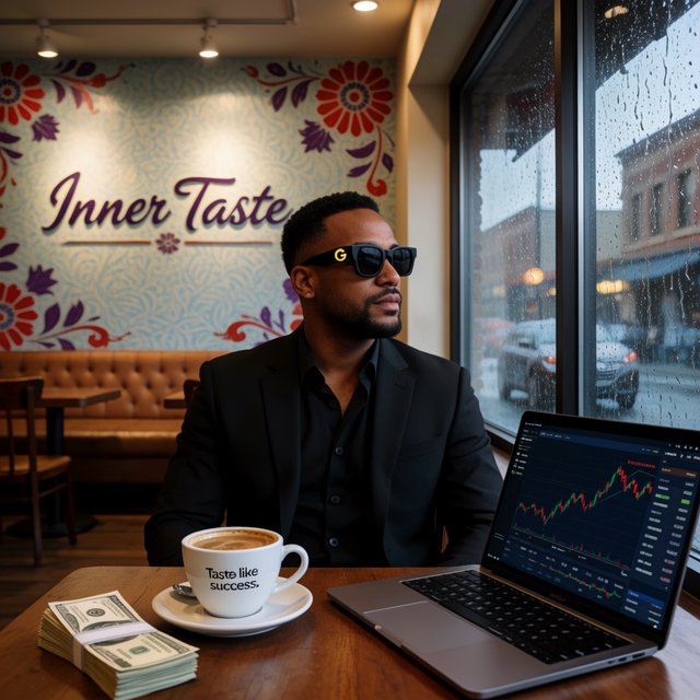 Realistic, a man wearing a black suit and cool shades with the word “G” on them, sitting near a table in a friendly coffee shop with the words “Inner Taste” displayed in the shop, coffee on the table, a coffee cup with the words “Taste like success,” a stack of money on the table, a high-end laptop displaying a successful trade, and rain pouring outside. The vibe is calm and chill. — Krea 2 Medium