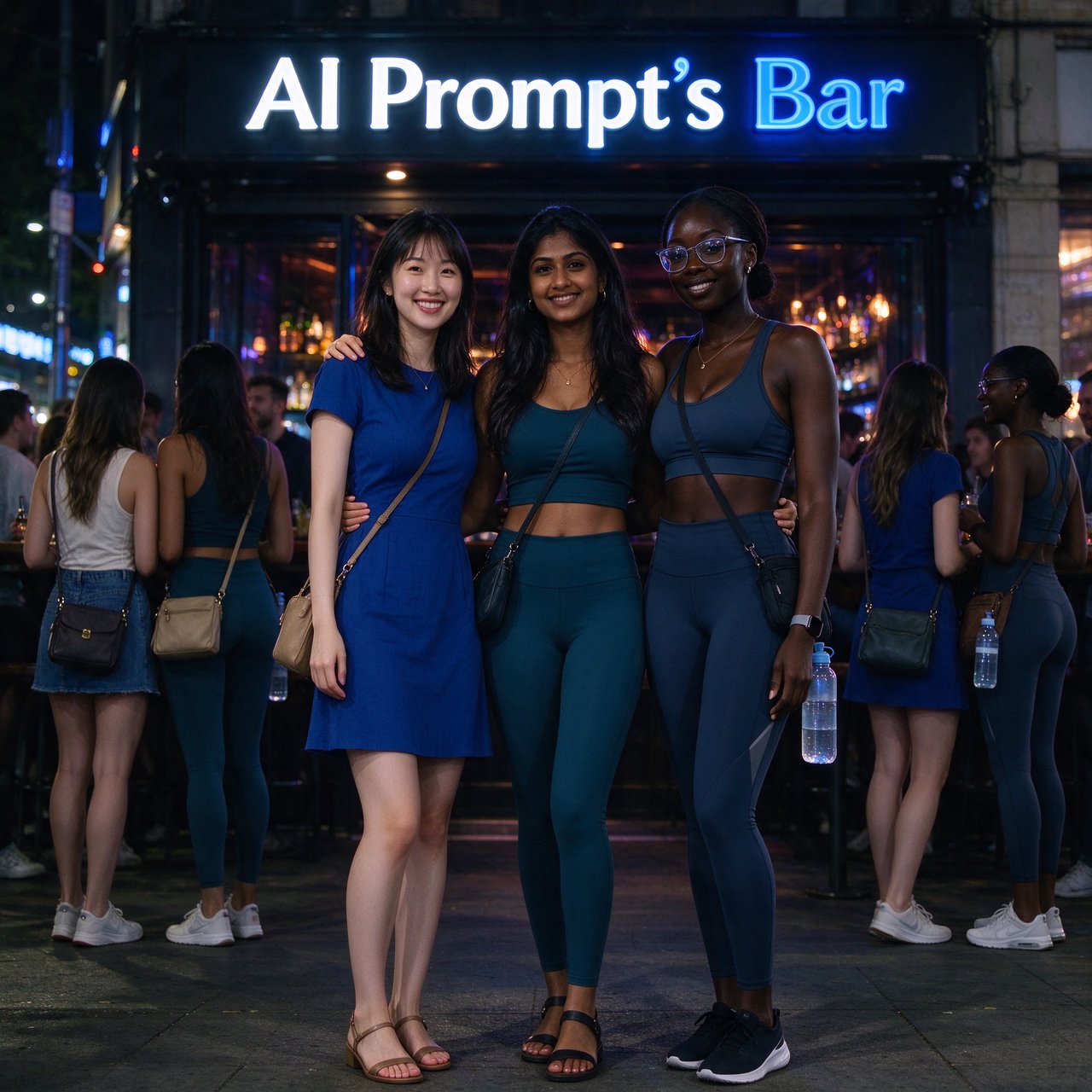 Photorealistic image, late at night. The image shows a pretty 21-year-old Japanese woman wearing a blue dress that fits her body. Next to her is a pretty 24-year-old Indian woman wearing a crop top and leggings that fit her. Another is a pretty Black woman, age 23–27, wearing gym wear and glasses. They are having a group photo in front of a bar called “AI Prompt’s Bar.” The image shows full front, back, and side views of the women. Vibe: busy friends who finally made time to hang out. — Seedream 5.0 Flash