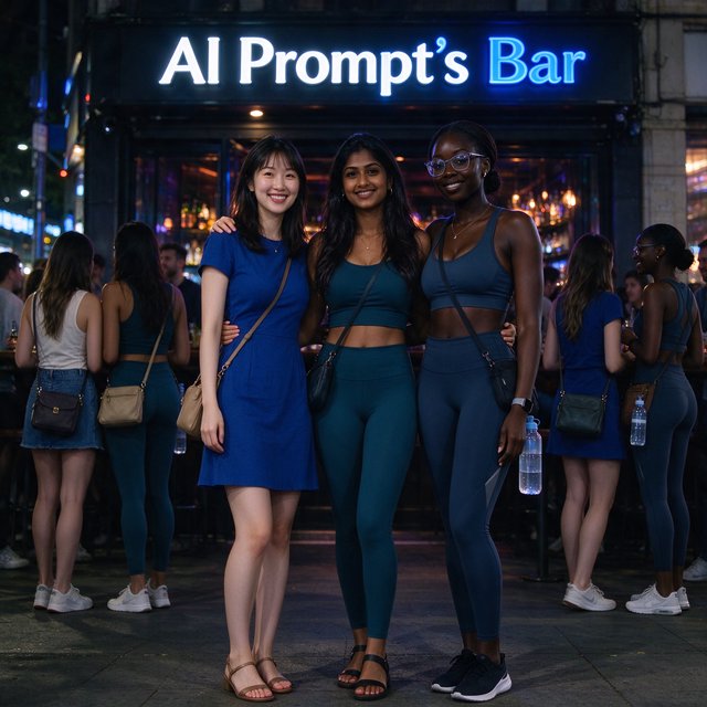Photorealistic image, late at night. The image shows a pretty 21-year-old Japanese woman wearing a blue dress that fits her body. Next to her is a pretty 24-year-old Indian woman wearing a crop top and leggings that fit her. Another is a pretty Black woman, age 23–27, wearing gym wear and glasses. They are having a group photo in front of a bar called “AI Prompt’s Bar.” The image shows full front, back, and side views of the women. Vibe: busy friends who finally made time to hang out. — Seedream 5.0 Flash