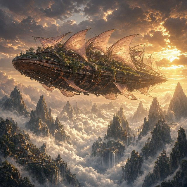 A vast, whale-shaped sky barge sails between mountain spires, its copper ribs supporting gardens and glowing sailcloth. Below, cloud rivers curl around tiny cliff villages as sunset pours through storm breaks, outlining the vessel in molten gold. — Grok Imagine Image 2