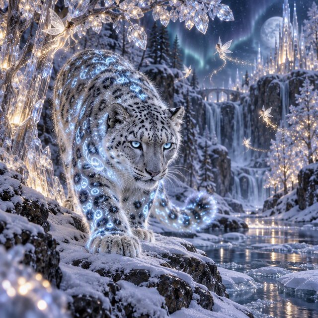 A majestic snow leopard, its fur shimmering with an internal bioluminescent glow, stalks through a frozen, enchanted forest. Crystalline trees with glowing, frost-covered leaves create a magical winter wonderland. Tiny, winged sprites flit between the branches, leaving trails of stardust. The image should capture the essence of a fairytale winter scene with a touch of photorealism, emphasizing the mystical light and the creature's ethereal presence. — Model 4