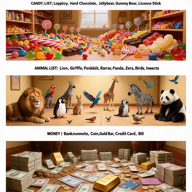 Realistic. Three scenes in one. 1) A room filled with many types of candy. 2) A room filled with many kinds of animals. 3) A room filled with all kinds of money. Above each room, a list names what is inside. — Kling v3
