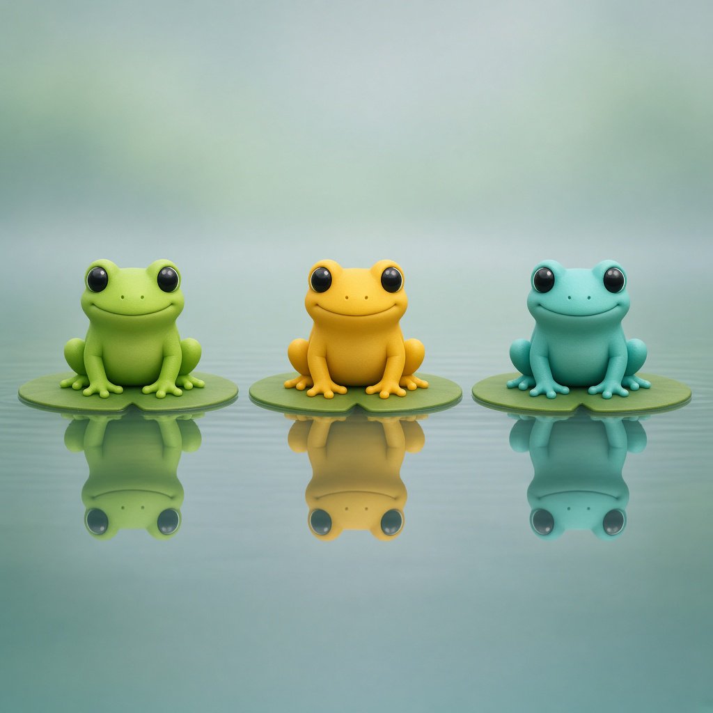 A still pond holds exactly three frogs on separate lily pads: a lime-green frog at the left, a golden-yellow frog in the center, and a turquoise frog at the right. All face forward; nothing else. — Grok Imagine Image 2