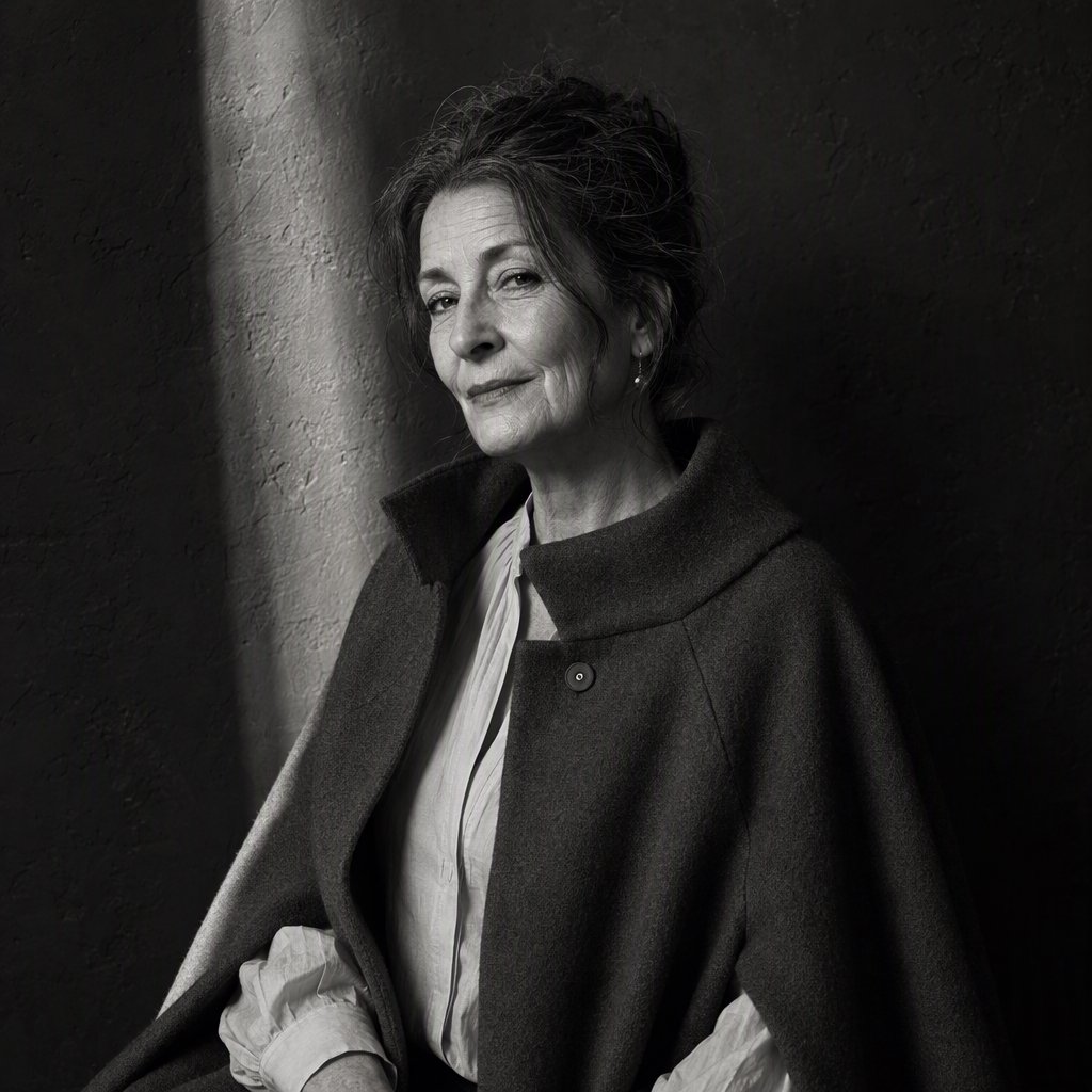 Under a narrow window beam, an adult woman in her late 50s wears a sculpted wool cape over a cotton blouse; her wry expression rests against a charcoal plaster backdrop in a black-and-white portrait, shaped by soft angled light. — GPT Image 2