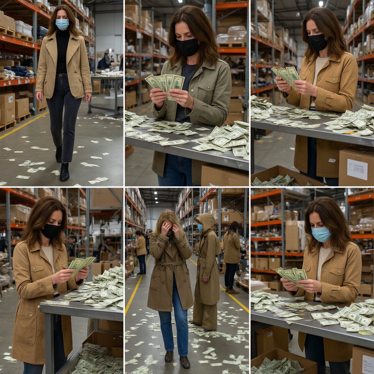 Adult women wearing masks (the kind you wear when you have a cold), in a warehouse, all wearing the kinds of outfits you would see models wear on a runway, counting lots of money (money is seen everywhere, on tables, on the floor, etc.). At least 4 different POVs. — Qwen Image 3.0