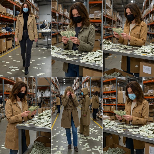 Adult women wearing masks (the kind you wear when you have a cold), in a warehouse, all wearing the kinds of outfits you would see models wear on a runway, counting lots of money (money is seen everywhere, on tables, on the floor, etc.). At least 4 different POVs. — Qwen Image 3.0