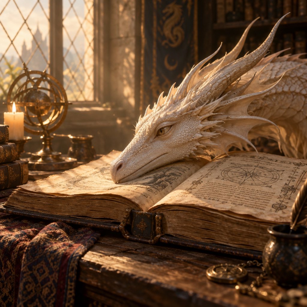 A mystical dragon's head, slender and dreamy, rests upon the yellowed pages of an ancient tome, the cover worn and mysterious, as soft warm light pours in through a nearby window, casting a serene ambiance, the air thick with the scent of old parchment and forgotten knowledge. — GPT Image 2.5 Sunburst