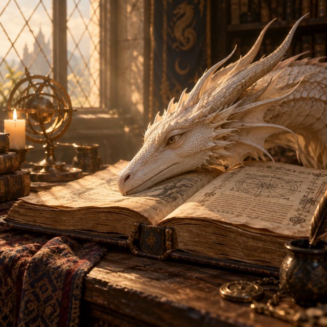 A mystical dragon's head, slender and dreamy, rests upon the yellowed pages of an ancient tome, the cover worn and mysterious, as soft warm light pours in through a nearby window, casting a serene ambiance, the air thick with the scent of old parchment and forgotten knowledge. — GPT Image 2.5 Sunburst