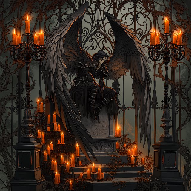 A majestic fallen angel with wings like a dark, tattered cloak, poses dramatically on a crumbling, Victorian-era inspired graveyard tomb, surrounded by twisted, black ironwork and flickering, orange candelabras, as if plucked from a haunting, nightmare. — Midjourney Niji 7