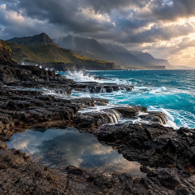 A rugged volcanic coastline under clearing storm clouds at late afternoon, black basalt shelves descending into turquoise surf, sea spray clinging to jagged rocks, tide pools reflecting distant cliffs and layered mountains fading into rain haze. — GPT Image 2.5 Flare
