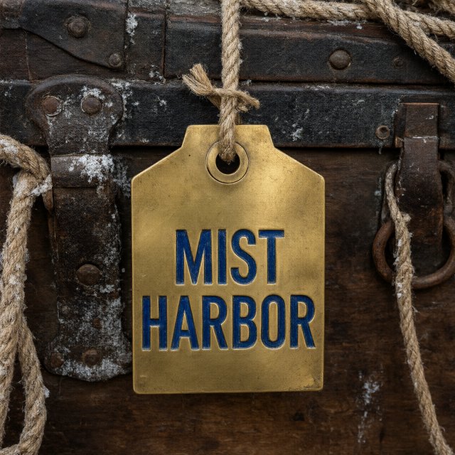 A brass luggage tag hangs from a weathered sea chest in a harbor loft, its face bearing “MIST HARBOR” in deeply stamped blue capitals; ropes and salt-crusted fittings surround it, with no other writing visible. — Qwen Image 3.0