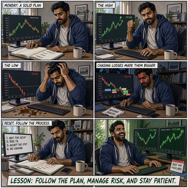 An image depicting the highs and lows of trading, in at least four panels. It ends with a very green day, record profits, and a lesson. — Model 1