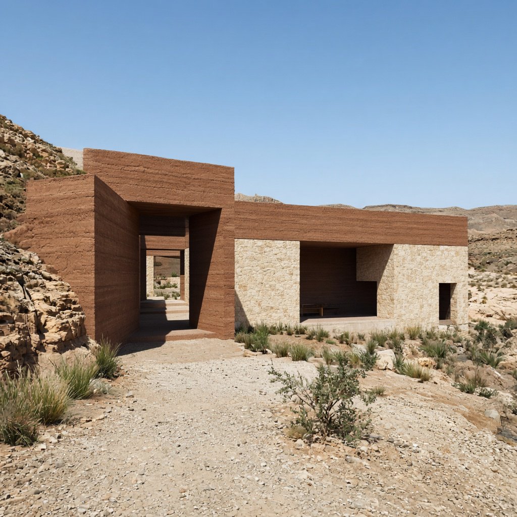 A contemporary desert visitor pavilion built from rust-colored rammed earth and pale limestone sits beside a dry wadi; deep shaded openings frame the courtyard. Hard midday sun, viewed from the gravel approach, crisp geometry and believable construction. — Grok Imagine Image 2