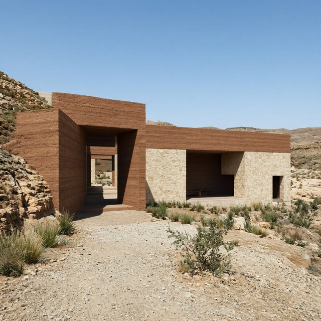 A contemporary desert visitor pavilion built from rust-colored rammed earth and pale limestone sits beside a dry wadi; deep shaded openings frame the courtyard. Hard midday sun, viewed from the gravel approach, crisp geometry and believable construction. — Grok Imagine Image 2