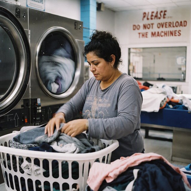 Candid documentary photograph of an adult sorting laundry in a neighborhood laundromat, cool fluorescent light, 35mm lens with moderate depth of field, lint specks floating near a tumbling dryer door. — GPT Image 2
