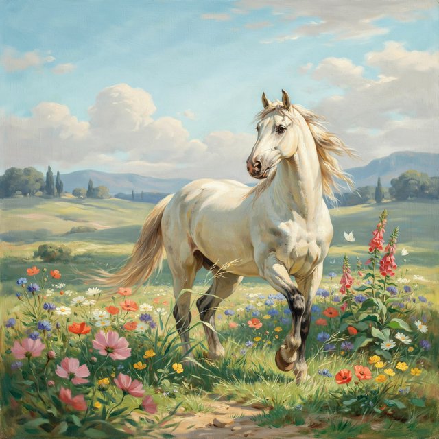 a regal white horse with a flowing mane, standing in a sun-dappled meadow filled with vibrant wildflowers. Gentle light illuminates the scene, highlighting the horse's powerful physique and the delicate details of the flowers. The style is reminiscent of Romantic era landscape paintings with a soft, impressionistic touch. — Ideogram v4