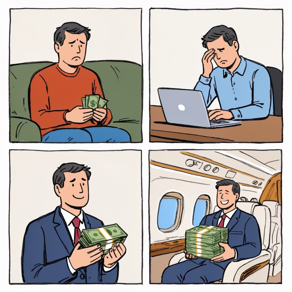 Realistic comic. At least 4 panels. It showcases 5 years of someone's life, from the first year, when they struggled to make money, to the fifth year, when they are worth millions to billions of dollars. Make sure money is seen at least once in the image. At the top, it says "From Little to no money to wealth beyond their wildest dreams". — Krea 2 Large