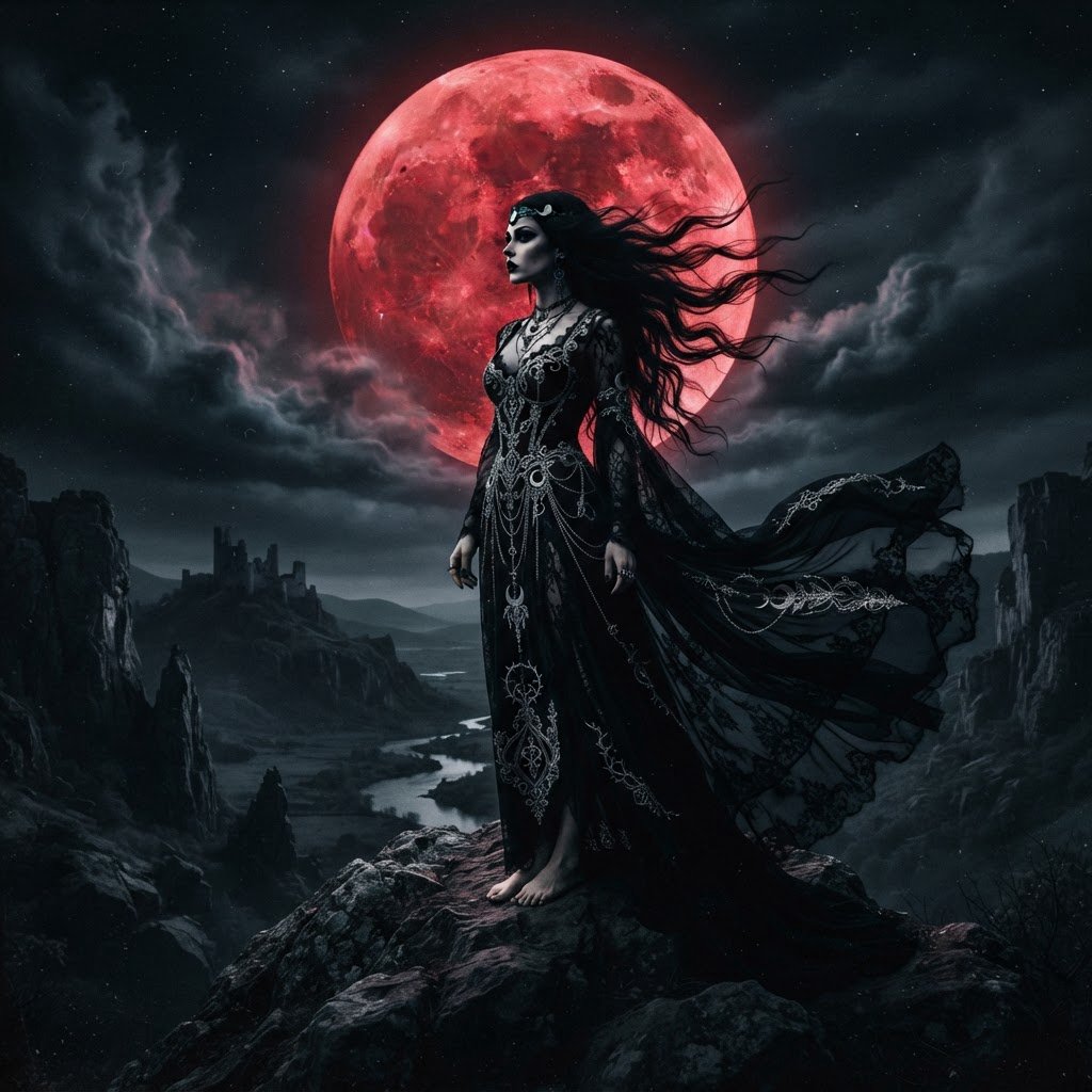 Captivating gothic goddess silhouetted against a blood red moon. Long dark hair blowing in a gentle breeze. Dramatic make-up. Ethereal black garment with silver details billowing in the breeze. Pensive expression. — Nano Banana 2 Lite