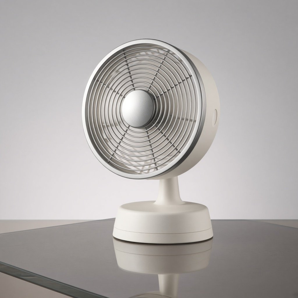 Commercial product photograph of an unbranded desktop fan made from brushed aluminum and matte ivory polymer, resting on a smoked glass surface against a pale gray background, illuminated by broad diffused studio light and a soft rear rim light. — Grok Imagine Image 2