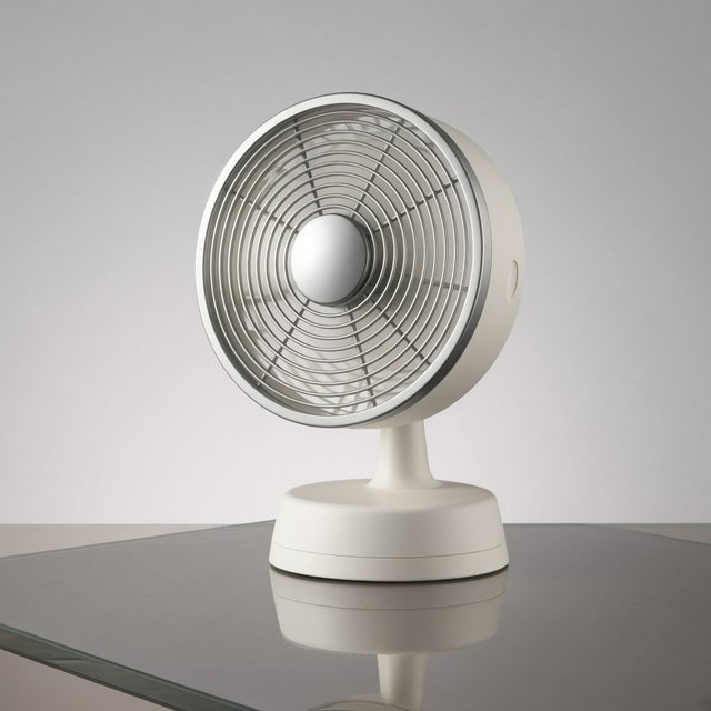 Commercial product photograph of an unbranded desktop fan made from brushed aluminum and matte ivory polymer, resting on a smoked glass surface against a pale gray background, illuminated by broad diffused studio light and a soft rear rim light. — Grok Imagine Image 2
