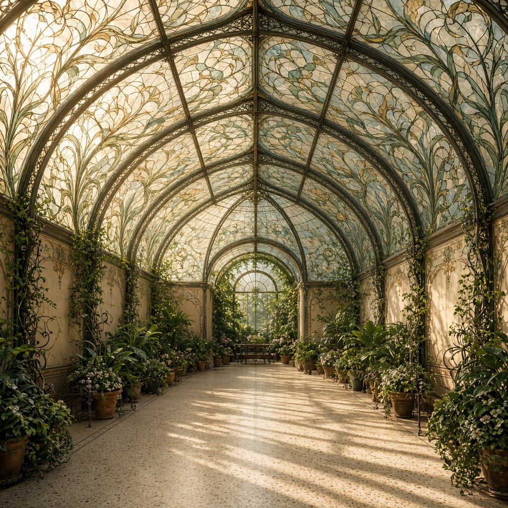 Interior of an Art Nouveau winter garden, curved iron ribs, cream terrazzo floor, hand-painted botanical glass panels, filtered late-afternoon sunlight, viewed from the entrance along the central axis, elegant geometry and believable load-bearing structure. — Grok Imagine Image 2