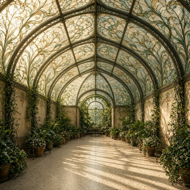 Interior of an Art Nouveau winter garden, curved iron ribs, cream terrazzo floor, hand-painted botanical glass panels, filtered late-afternoon sunlight, viewed from the entrance along the central axis, elegant geometry and believable load-bearing structure. — Grok Imagine Image 2