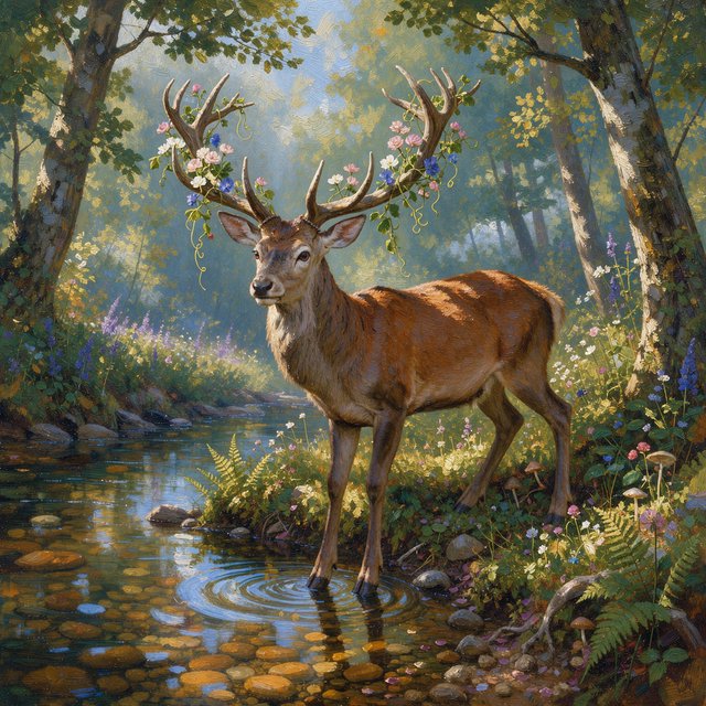 A majestic deer, its antlers intertwined with blooming vines, pauses by a crystal-clear stream in an enchanted glade. Sunlight filters through the canopy, dappling the forest floor. This is an oil painting with a rich, textured surface, capturing the dreamlike atmosphere of the scene. — FLUX 3 Image