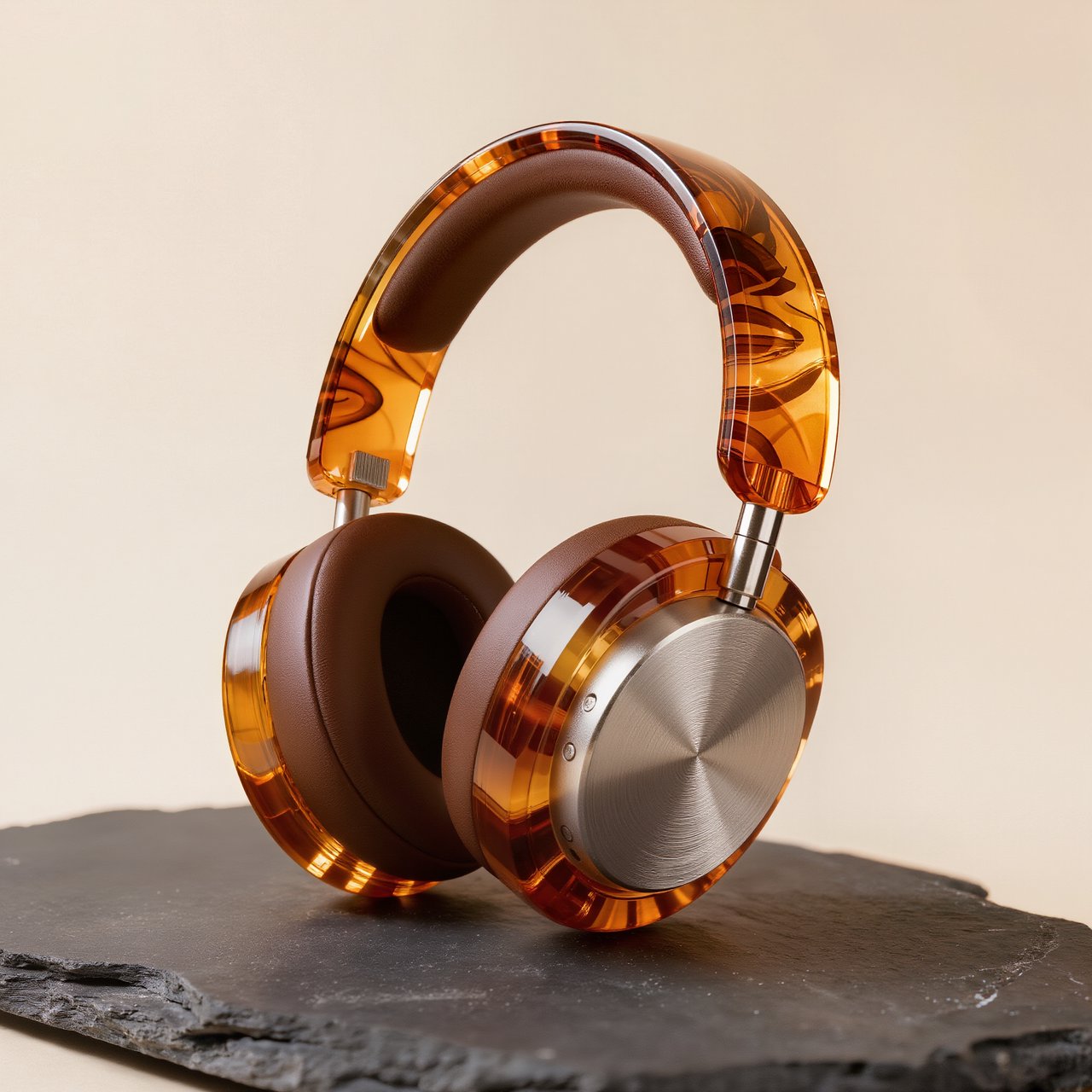 Commercial product photograph of unbranded over-ear headphones crafted from translucent amber resin and brushed titanium, resting on a dark slate surface against a muted cream background, lit by a broad diffused softbox and a delicate rim light. — Kling v3