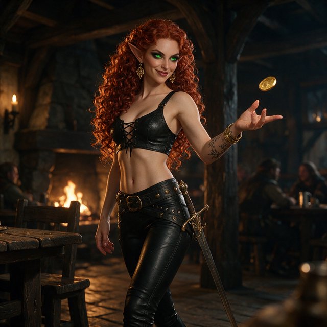 A beautiful, slim adult elf woman wearing black leather pants and a black leather crop top that leaves her belly exposed. She has stunning, intense green eyes and long, flowing, curled red hair. She is smiling; she is a rogue, with a rapier hanging from her belt. She is catwalking through a medieval fantasy tavern at night while flipping a golden coin, in a realistic fantasy style. — Seedream 5.0 Pro