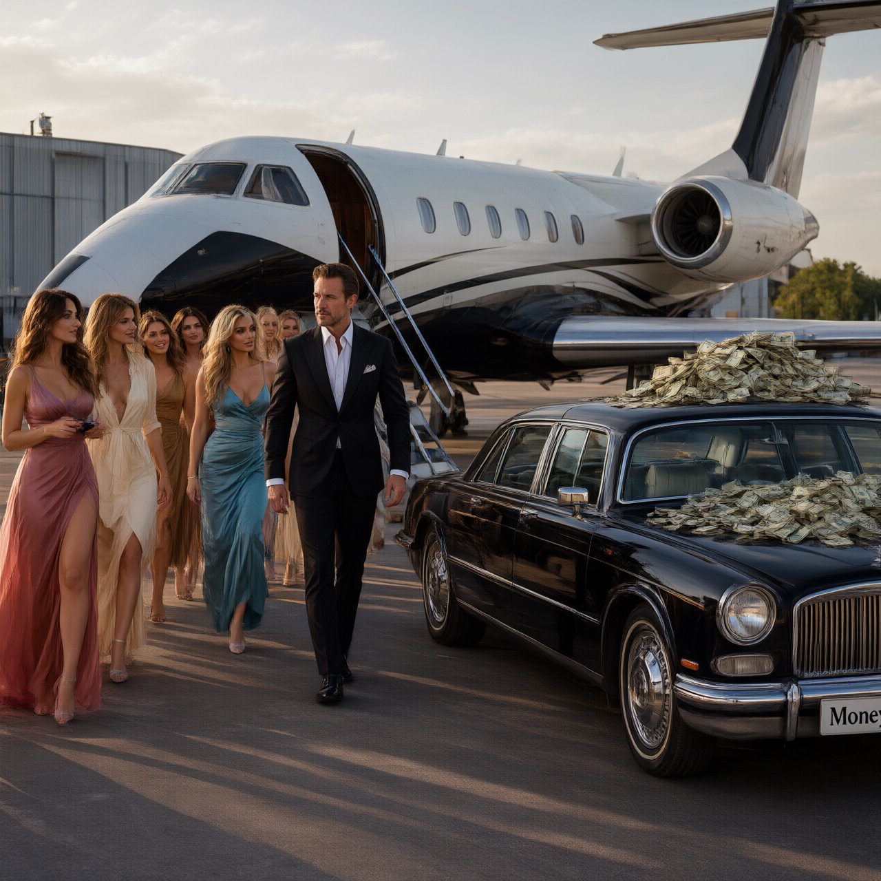 A man dressed in very nice formal clothes is getting off a private black-and-white plane. Many beautiful adult women in dresses are following the man. The man is heading toward a very high-end classic black car. The word "Money" is on the car's license plate. On top of the car is a ton of money. It is the afternoon. The vibe is cool and rich. — Qwen Image 3.0
