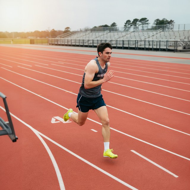 Adult male athlete in running shorts and a tank top mid-sprint on an outdoor track at dawn, muscles defined, motion captured sharply. — Ideogram v4