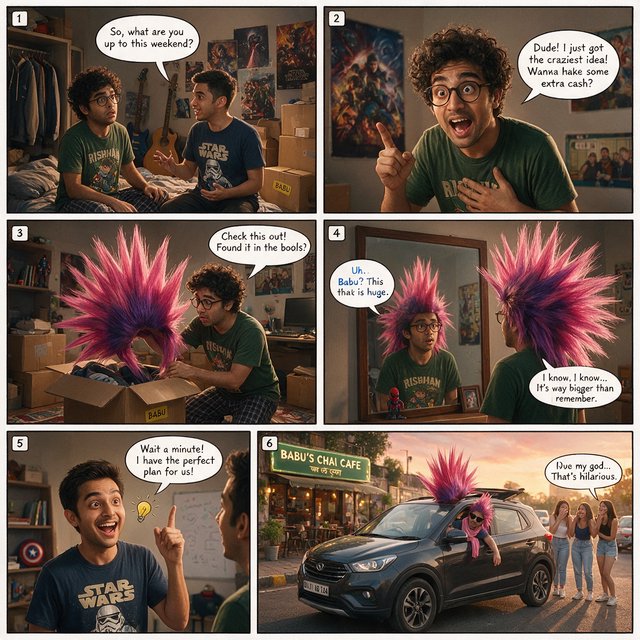A three-row, six-panel sequence. Panel 1: A short-haired, nerdy man is talking to his friend Babu, another nerd with curly hair and round-frame glasses. They are both 20. Babu's room has a guitar and boxes full of things. Panel 2: Babu is exclaiming to his friend, saying something! Middle row, panel 3: Babu brings a spiky Mohican wig, pink to purple in color, out of one of his boxes. But it is oddly big. Panel 4: Babu stands in front of a wall mirror wearing the spiky wig—it is oddly very big! He looks concerned. Bottom row, panel 5: Babu's nerdy friend exclaims something to him, as if he has had an idea. Bottom row, panel 6: Babu is in a right-hand-drive sedan with a sunroof. Half of the spiky hair on his wig sticks out through the sunroof. The car is parked in front of a neighborhood hangout. Babu is looking out of the window, with one hand out of it. He wears sunglasses, trying to look cool. Several pretty adult women his age are giggling at him. — Seedream 5.0 Pro