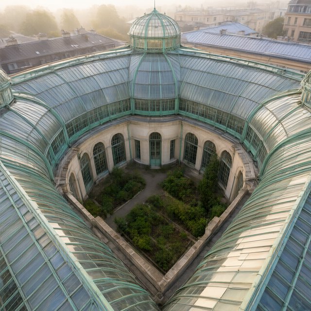 From a nearby rooftop, an Art Nouveau conservatory curves around a planted courtyard, its green copper ribs, clear glass, and pale stone base catching hazy morning light; orderly rooflines and believable supports show from above. — Qwen Image 3.0