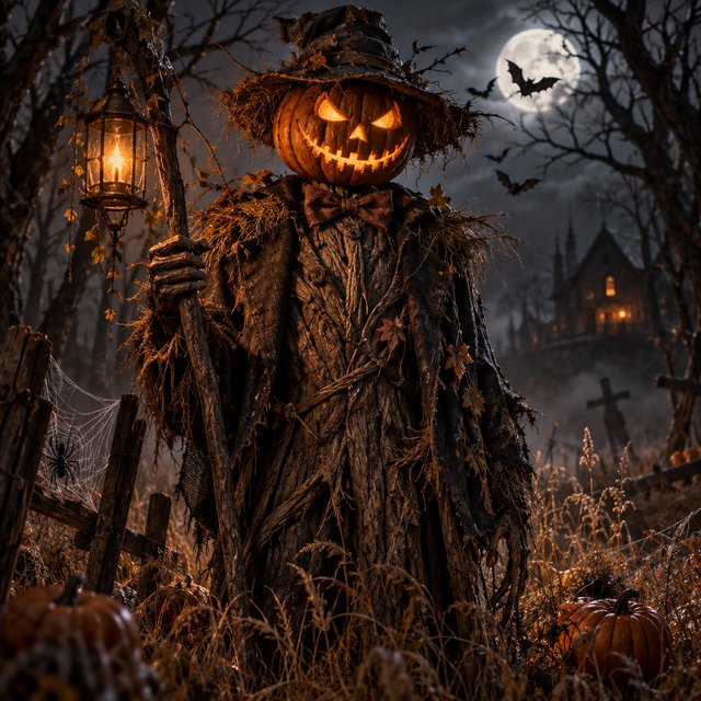 Chiaroscuro contrast, inner-lit glows, dense central detail fading into haze and velvety darkness. A pumpkin-headed scarecrow with a jack-o-lantern face, glowing eyes, stitched grin, bow tie, bark torso, and wooden staff stands in a night forest clearing with dry grass, cobwebs, bats, bare branches, — Model 3