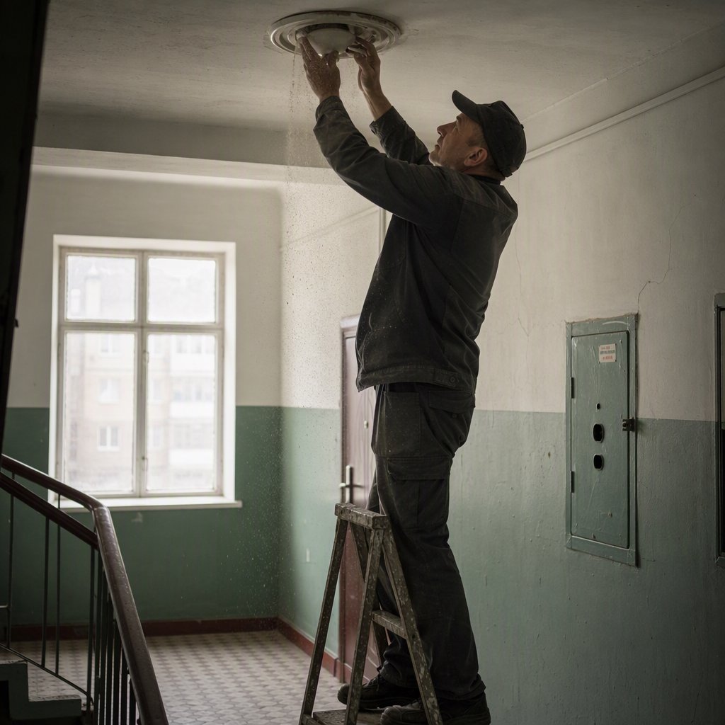 Candid documentary photograph of an adult building caretaker changing a ceiling light in a quiet apartment stairwell, pale afternoon window light, 35mm lens with moderate depth of field, plaster dust drifting from the fixture. — GPT Image 2