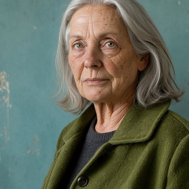 Beside a faded teal studio wall, a close-up fashion portrait frames an adult woman aged 68–76, her weathered skin softly detailed; she wears a moss-green wool coat and holds a calm, searching gaze in gentle side light. — Model 2