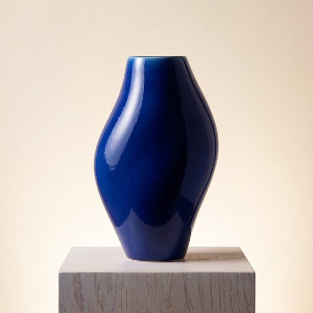 Commercial product photograph of an unbranded sculptural ceramic vase, formed from glossy cobalt porcelain, standing on a pale oak pedestal against a warm ivory background, illuminated by soft directional daylight and subtle fill. — Krea 2 Medium