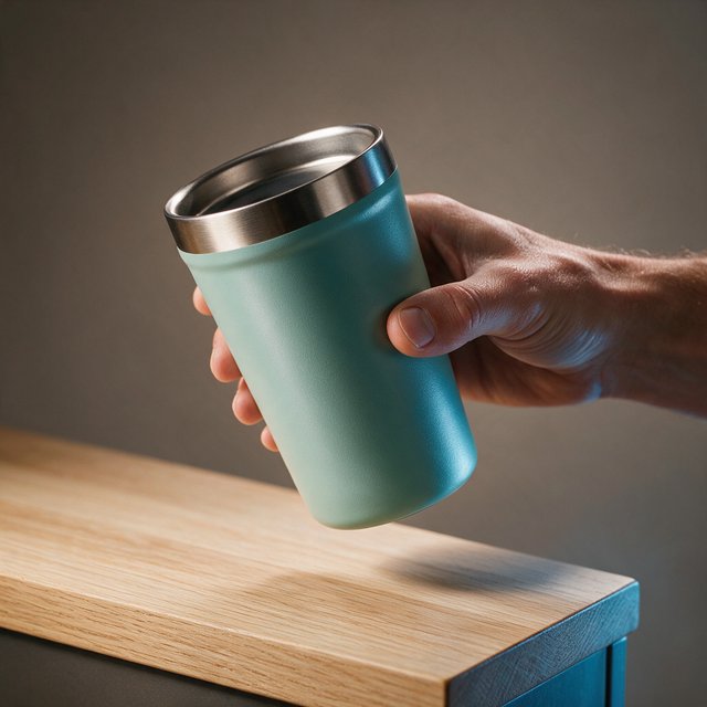 An adult hand lifts an unbranded insulated travel mug, its matte sea-glass polymer body and brushed-steel rim catching softbox highlights above a pale oak counter; warm gray studio backdrop, broad diffused key and cool edge light, no face or lettering. — Seedream 5.0 Pro