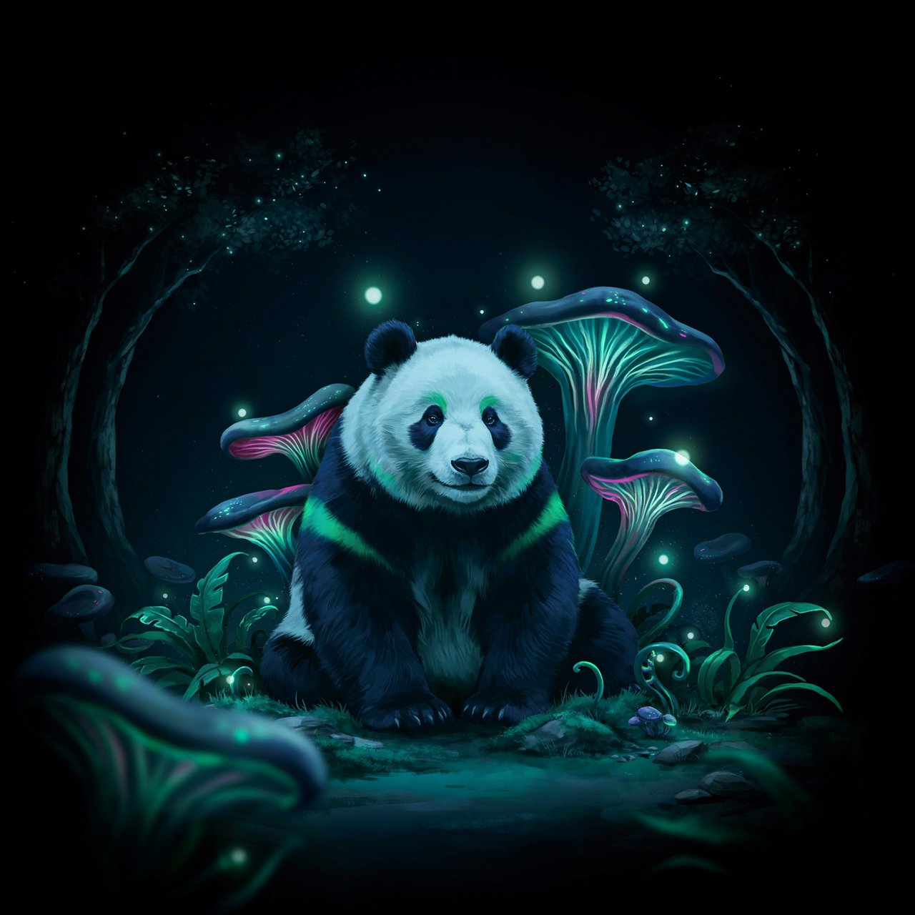 A bioluminescent panda bear, its fur patterns glowing with neon blues and vibrant greens, sits peacefully amidst a grove of luminous, alien flora. Giant, pulsing mushrooms and floating orbs of light create an otherworldly ambiance. The background fades into an inky blackness, making the glowing elements pop. Style: Sci-fi fantasy illustration with sharp, defined lines and glowing contrasts, drawing inspiration from futuristic concept art. — Ideogram v4