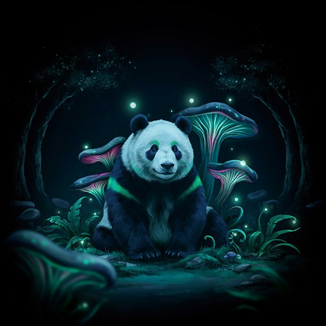A bioluminescent panda bear, its fur patterns glowing with neon blues and vibrant greens, sits peacefully amidst a grove of luminous, alien flora. Giant, pulsing mushrooms and floating orbs of light create an otherworldly ambiance. The background fades into an inky blackness, making the glowing elements pop. Style: Sci-fi fantasy illustration with sharp, defined lines and glowing contrasts, drawing inspiration from futuristic concept art. — Ideogram v4