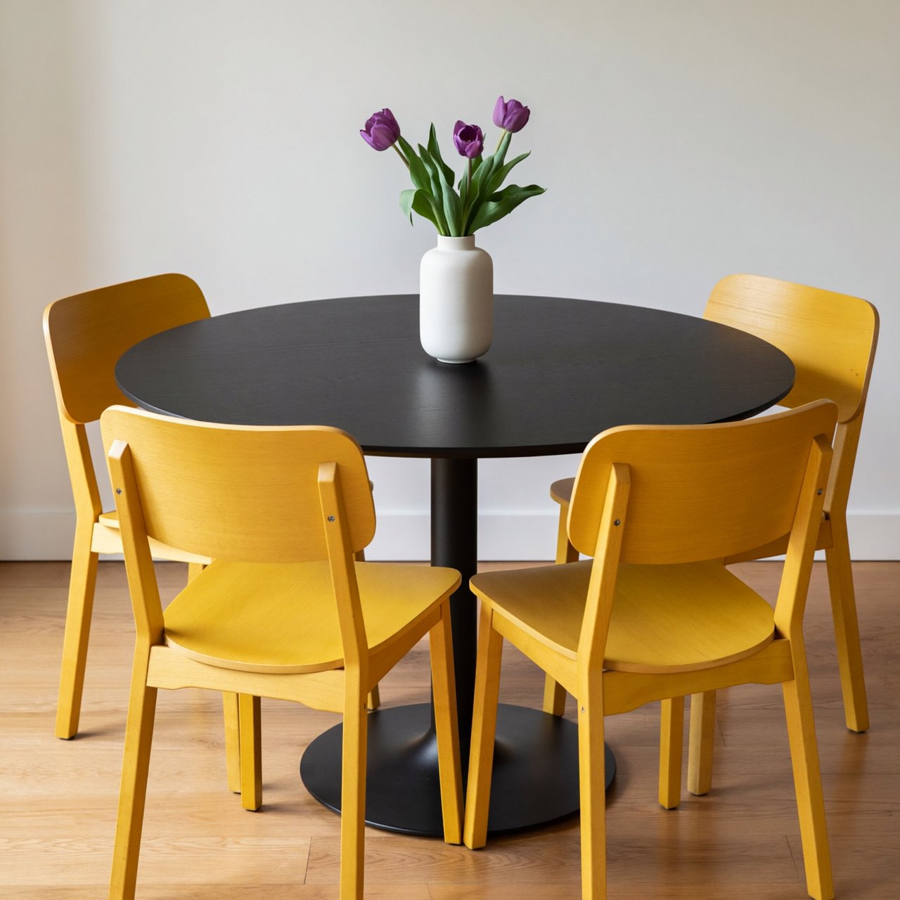 Exactly four yellow wooden chairs surround a round black table: two chairs at the front, one on the left, and one on the right. A white vase with three purple tulips sits at the table center, nothing else. — ImagineArt 2