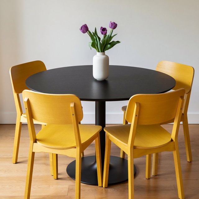 Exactly four yellow wooden chairs surround a round black table: two chairs at the front, one on the left, and one on the right. A white vase with three purple tulips sits at the table center, nothing else. — ImagineArt 2