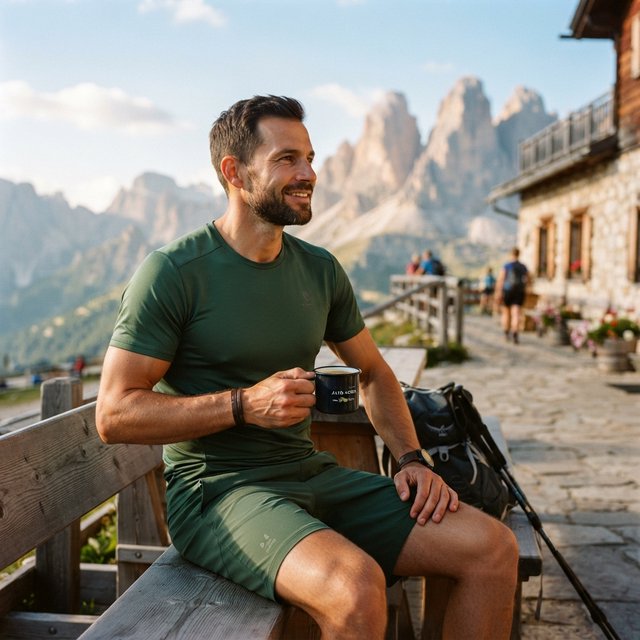 Editorial glamour photograph of an adult man in a forest-green fitness set, resting naturally after a hike on a sunlit alpine lodge terrace, flattering morning light on his face, relaxed expression, distant peaks softened behind him. — Nano Banana 2 Lite