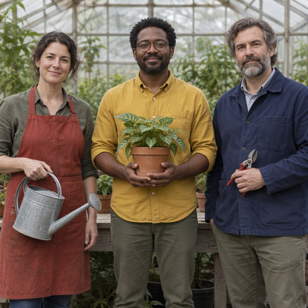 At a quiet greenhouse bench, exactly three adult botanists stand in a row: left wears a rust-red apron and holds a watering can, center wears a mustard shirt and holds a terracotta pot, right wears a navy jacket and holds pruning shears; nothing else. — GPT Image 2.5 Sunburst