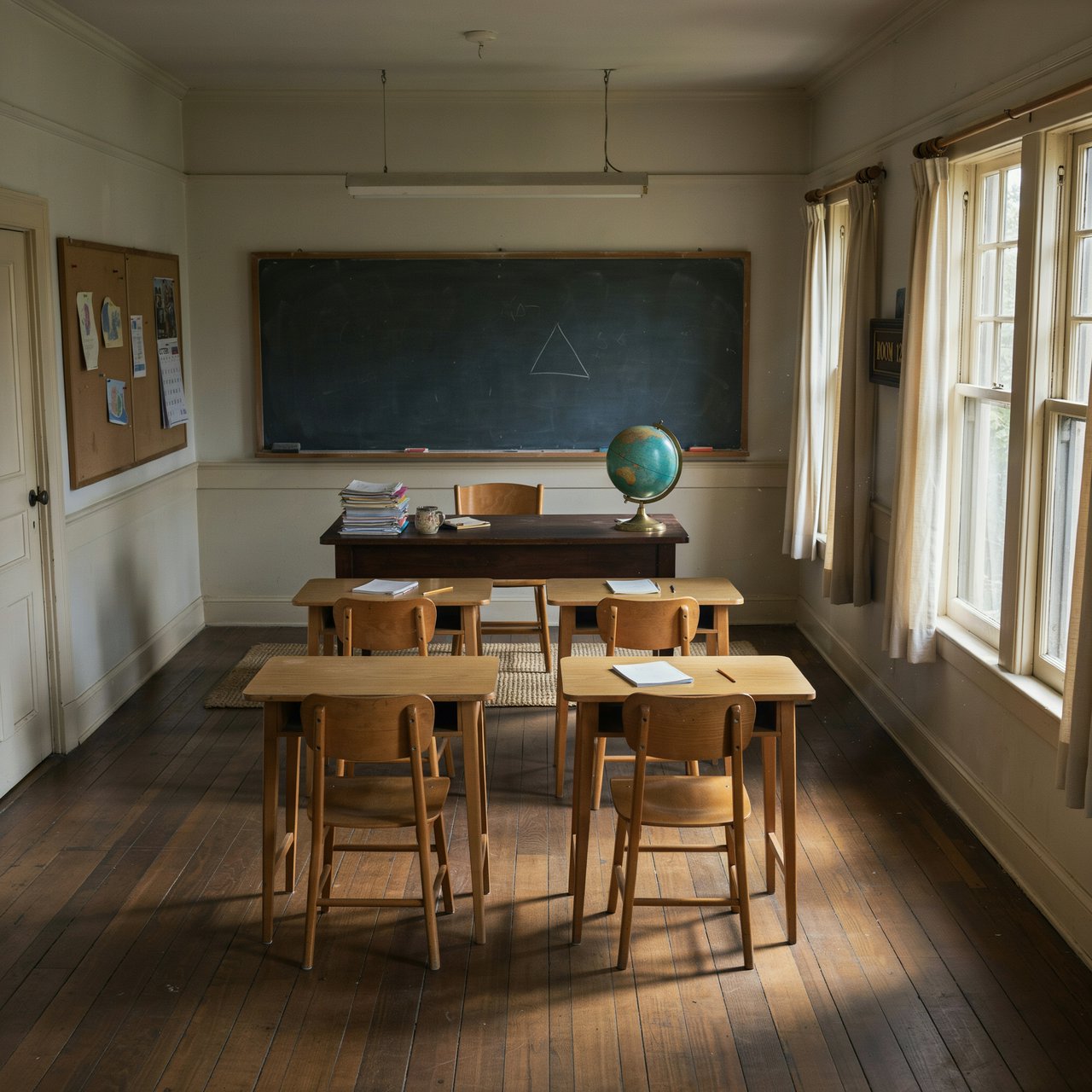 A classroom with exactly four desks in two rows, a globe on the teacher's desk, a chalkboard with a single drawn triangle, empty of people. — Ideogram v4