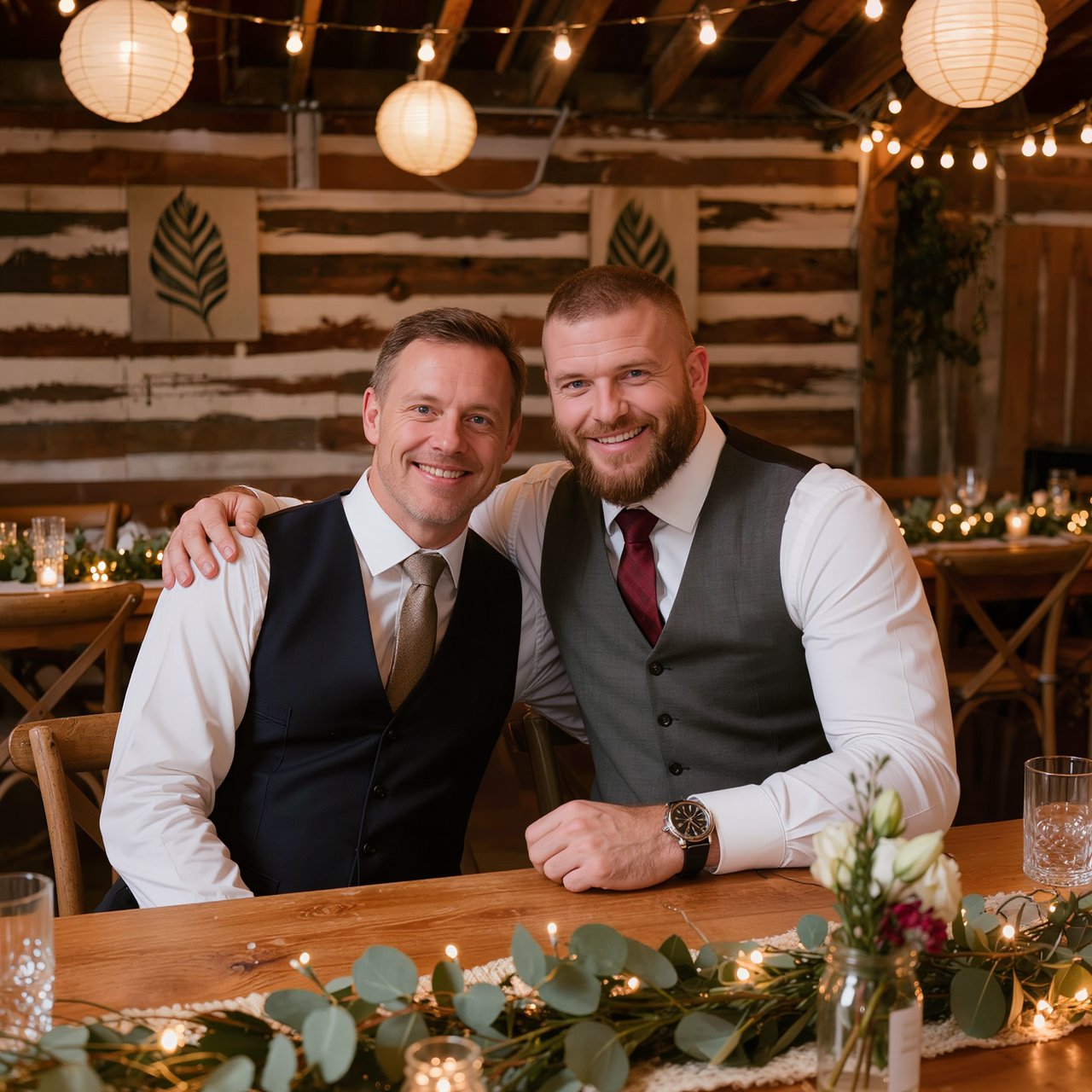(Character1: rugby player body type, tall, brunet male, age 30, buzzcut hair and neatly groomed matching beard). Medium eye-level shot, photorealistic, two men seated at a wooden banquet table: the left middle-aged man wears a white dress shirt, charcoal waistcoat, and taupe tie, with his right arm on the table; the right man, Character1, smiles directly at the camera, wearing a white dress shirt, grey waistcoat, maroon tie, and a watch on his left wrist, with his left arm draped over the first man's shoulder. In the foreground: a table runner with eucalyptus sprigs, small fairy lights, a bottle holding flowers, a glass jar, and a water glass. Background: an exposed light horizontal wood plank wall with two decorative leaf panels, an exposed industrial ceiling with hanging paper lanterns, and fairy string lights. Warm, soft ambient overhead event lighting, natural indoor venue atmosphere, shallow depth of field. Art style: dramatic painterly realism with realistic skin texture, strong chiaroscuro, slightly gritty textured brushwork, fantasy illustration mood. — Kling v3