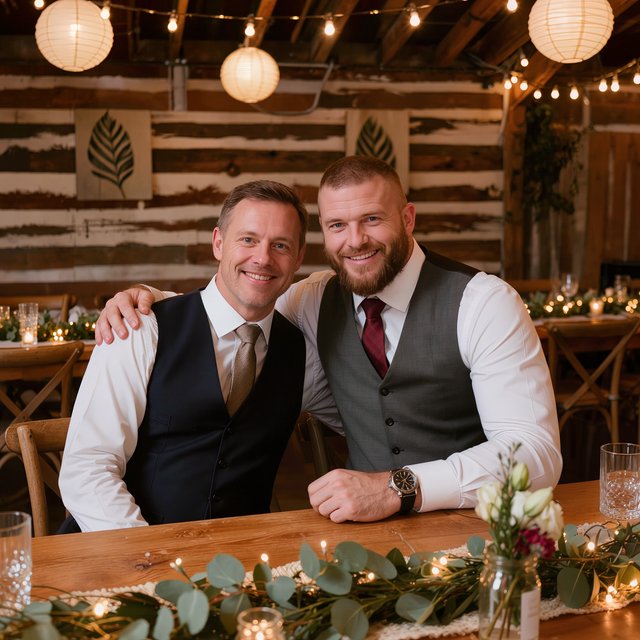 (Character1: rugby player body type, tall, brunet male, age 30, buzzcut hair and neatly groomed matching beard). Medium eye-level shot, photorealistic, two men seated at a wooden banquet table: the left middle-aged man wears a white dress shirt, charcoal waistcoat, and taupe tie, with his right arm on the table; the right man, Character1, smiles directly at the camera, wearing a white dress shirt, grey waistcoat, maroon tie, and a watch on his left wrist, with his left arm draped over the first man's shoulder. In the foreground: a table runner with eucalyptus sprigs, small fairy lights, a bottle holding flowers, a glass jar, and a water glass. Background: an exposed light horizontal wood plank wall with two decorative leaf panels, an exposed industrial ceiling with hanging paper lanterns, and fairy string lights. Warm, soft ambient overhead event lighting, natural indoor venue atmosphere, shallow depth of field. Art style: dramatic painterly realism with realistic skin texture, strong chiaroscuro, slightly gritty textured brushwork, fantasy illustration mood. — Kling v3