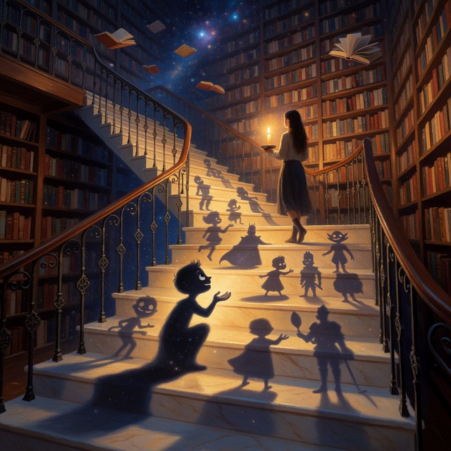 In an infinite library where floating staircases defy gravity, a young woman carries a candle through endless shelves. Her shadow has quietly detached itself from her feet and now wanders independently among the towering bookcases, secretly opening glowing books filled with forgotten memories. Each open page reveals miniature worlds: flying origami birds, drifting clocks, and tiny ghostly figures. The woman's candlelight creates impossible reflections, revealing dozens of alternative shadows with distinct personalities. Dreamlike surrealism, warm golden candlelight set against deep blue darkness, intricate details, magical realism, painterly. — Krea 2 Medium